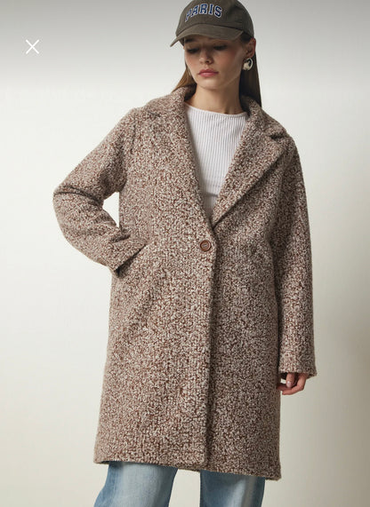 Double breasted pocket boucle coat