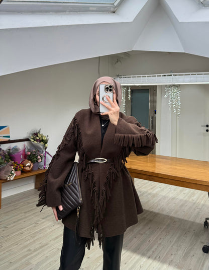 Brown Wool fringes cardigan with belt
