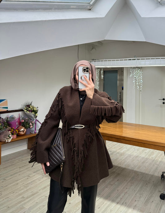 Brown Wool fringes cardigan with belt