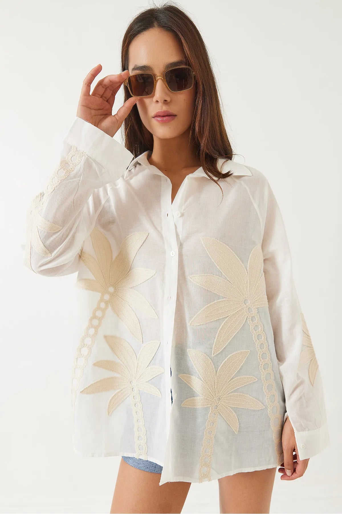 Crep Cotton Oversized Beige embroidered Shirt