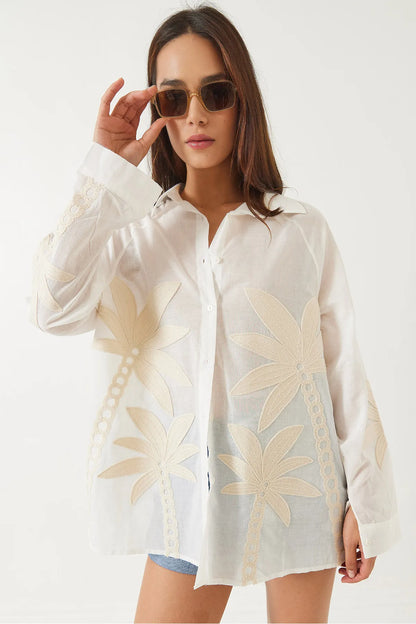 Crep Cotton Oversized Beige embroidered Shirt