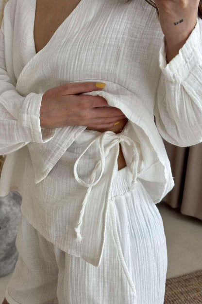 Muslin Cotton white Blouse/Short Set