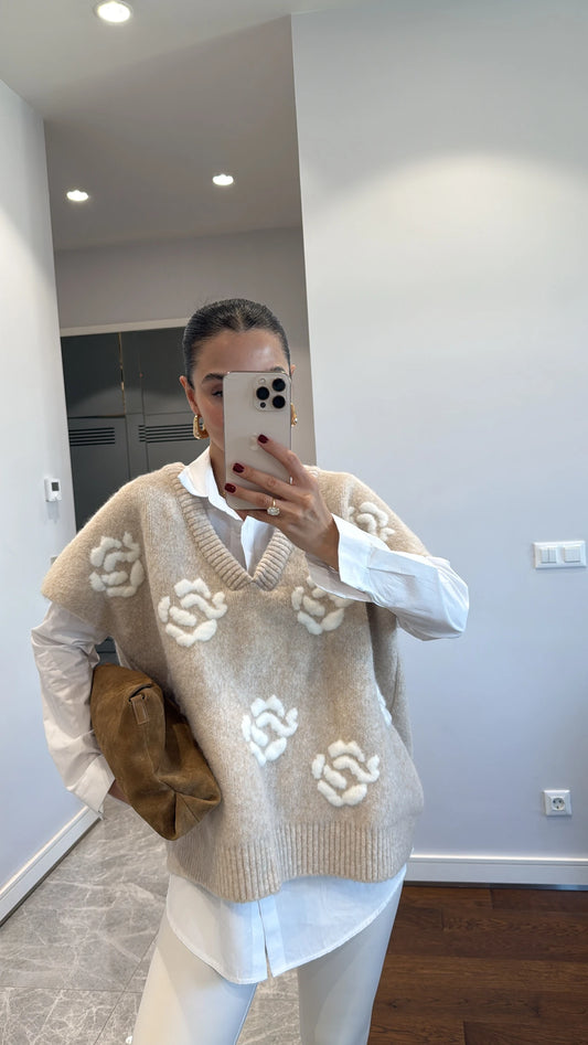 2 Pieces Beige floral Vest with White Shirt