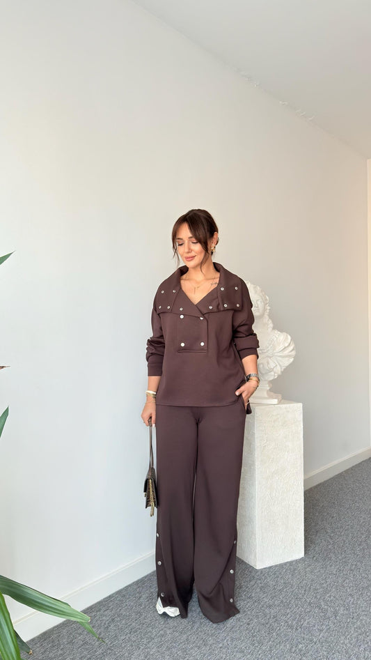 Brown Cotton button details Tracksuit