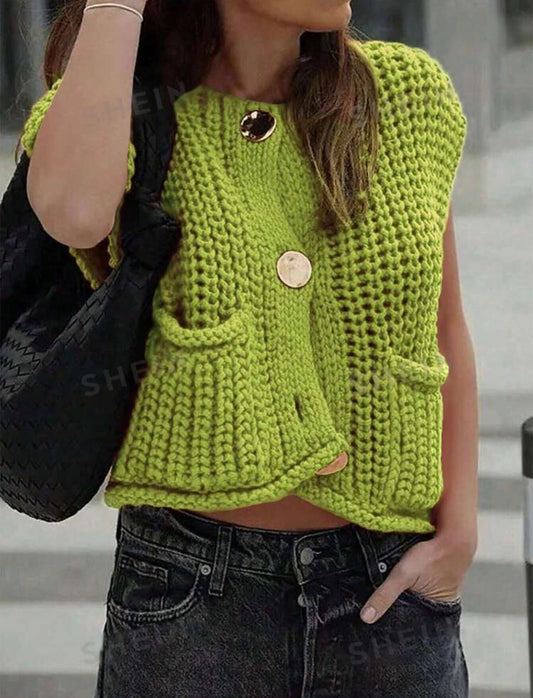 Hollow knit big button cardigan