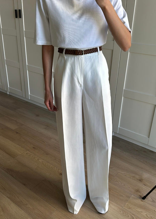 Wide Leg White Linen Pants with braided Belt
