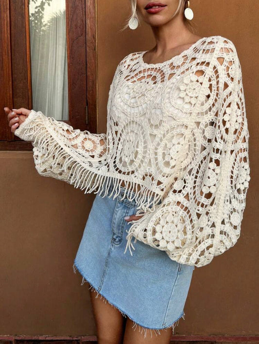 Fringed floral patterned sleeve loose sweater