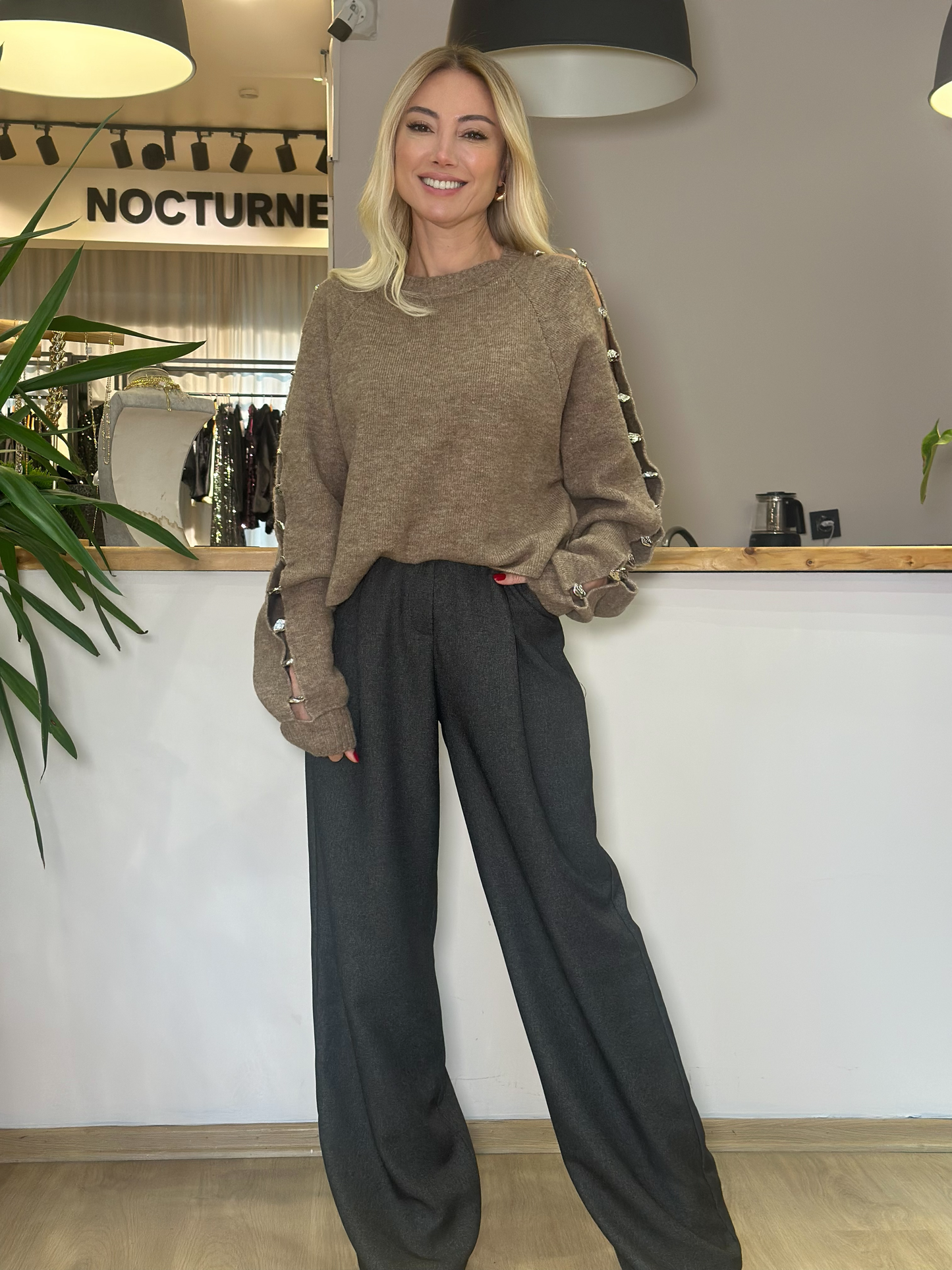 Beige Sleeve Silver Detailed Sweater