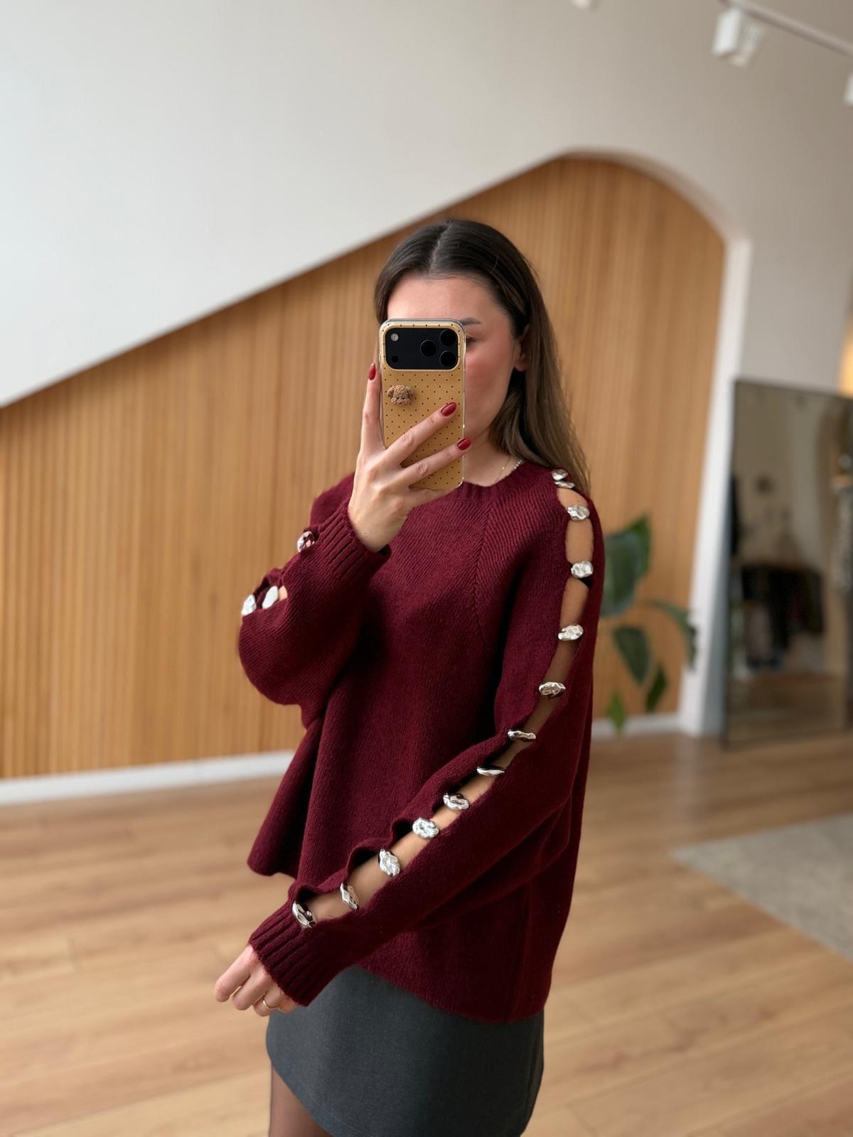 Burgundy Sleeve Silver Detailed Sweater