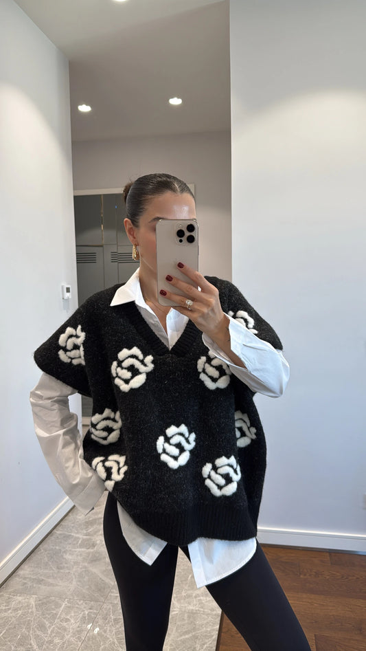 2 Pieces Black floral Vest with White Shirt