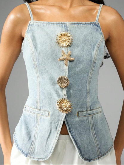 Denim Vest Shells Gold Buttons
