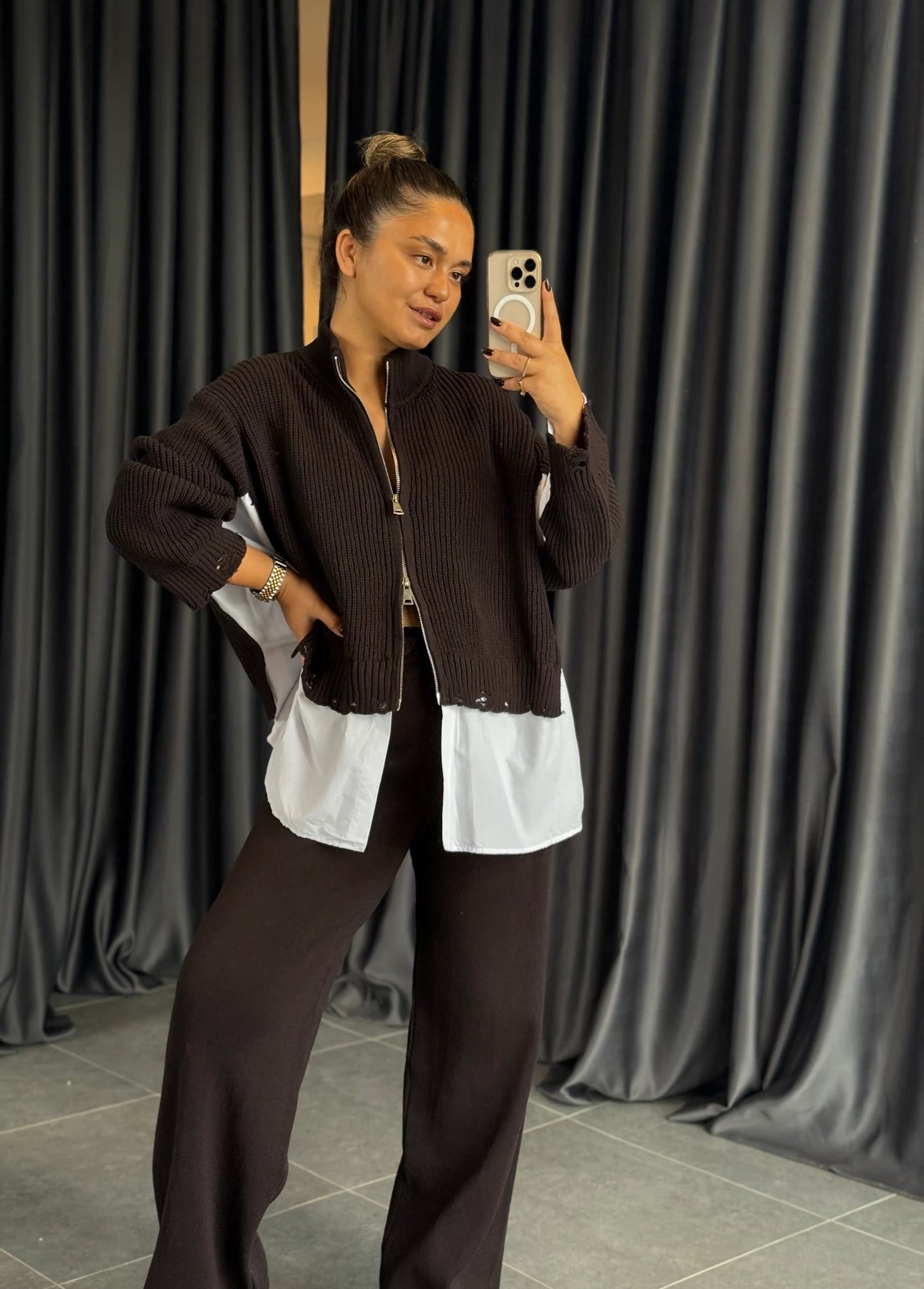 Brown Poplin Shirt Detailed Knitwear Suit