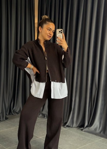 Brown Poplin Shirt Detailed Knitwear Suit