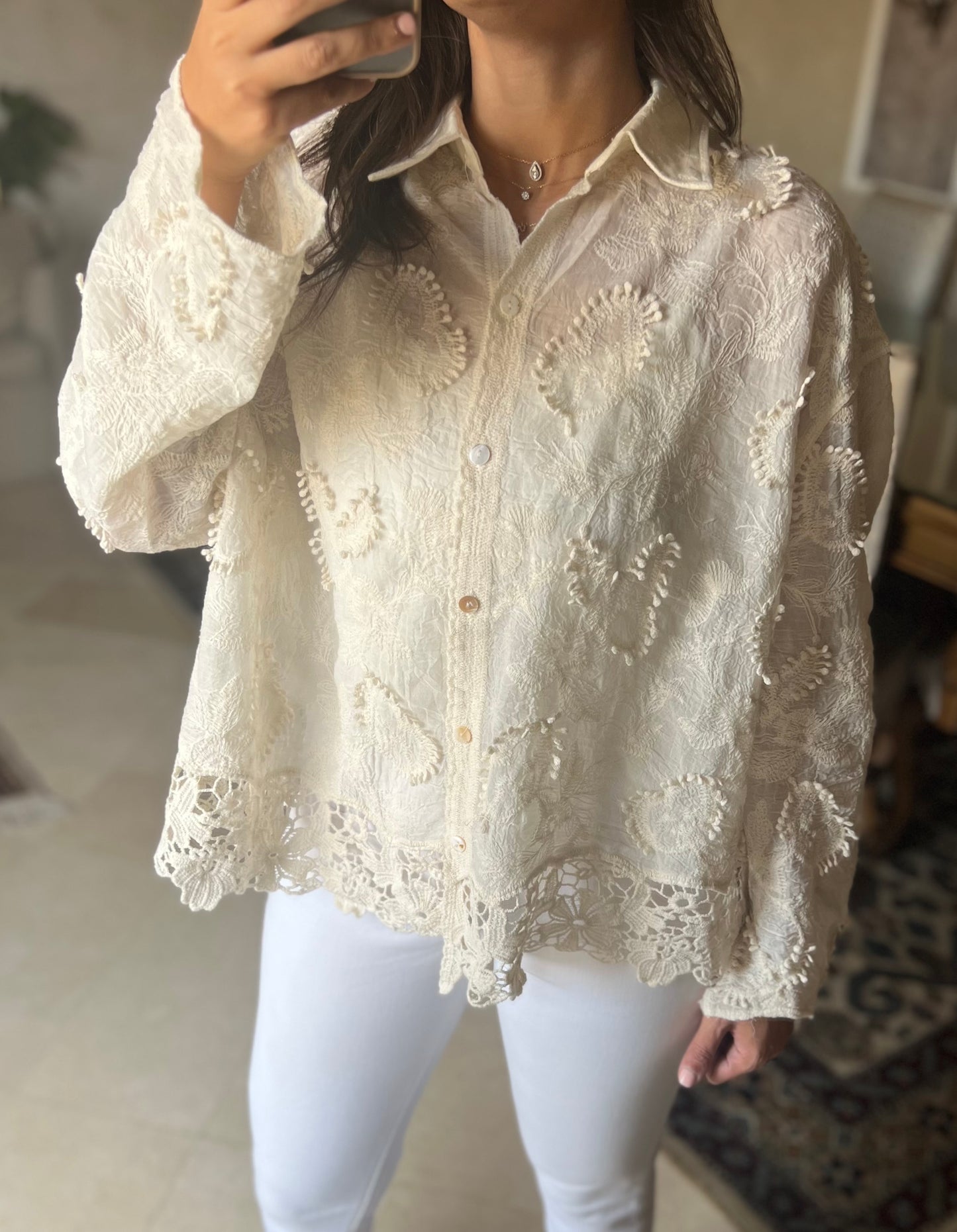 Beige chifon Shirt with crochet Edges