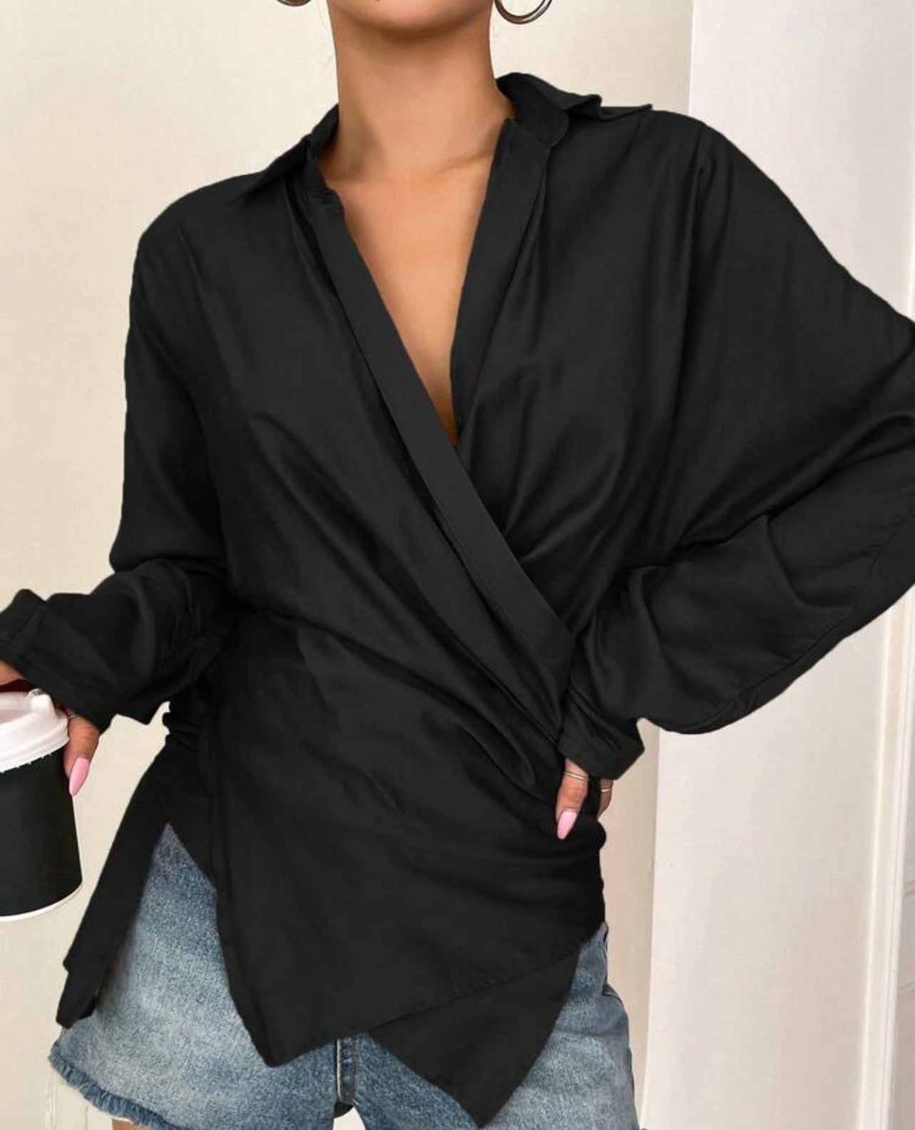 Black Solid wrap detail asymmetrical Blouse