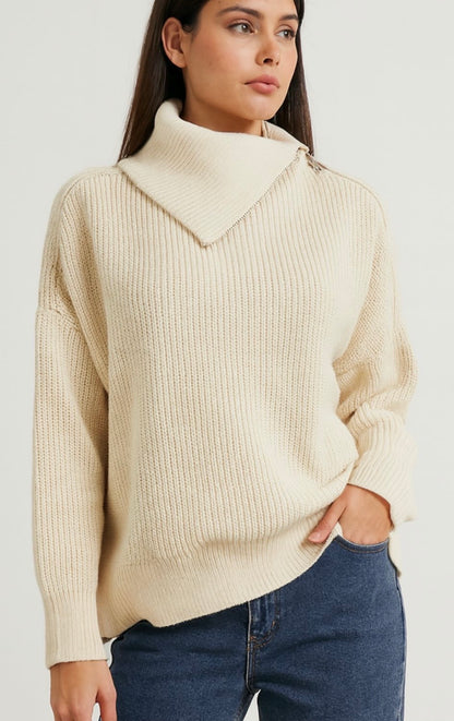 Side-Zip Wide Collar Knitted Sweater