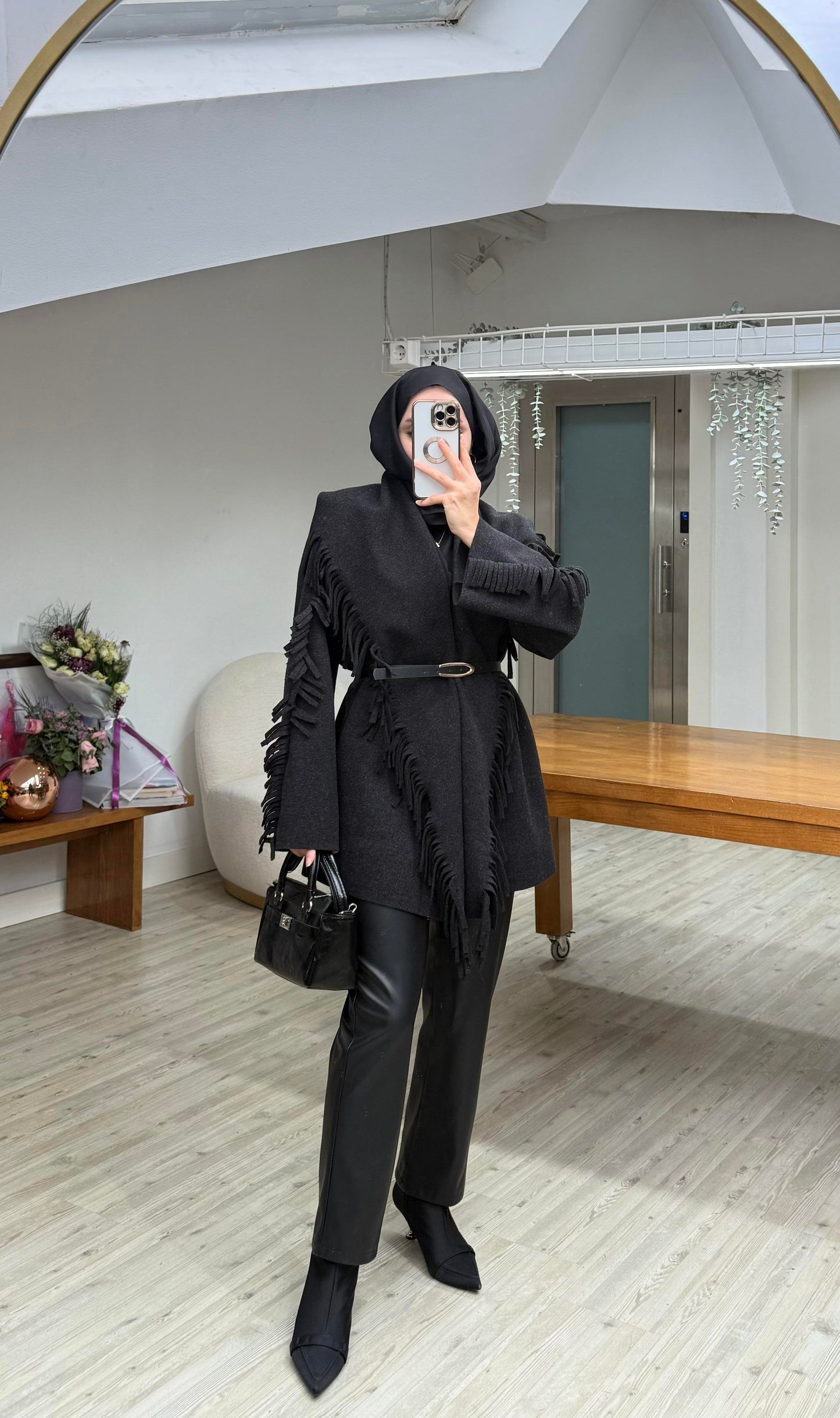 Black Wool fringes cardigan with belt