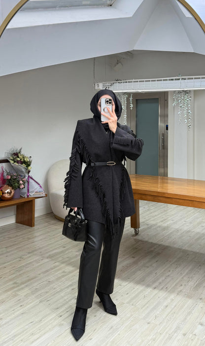 Black Wool fringes cardigan with belt