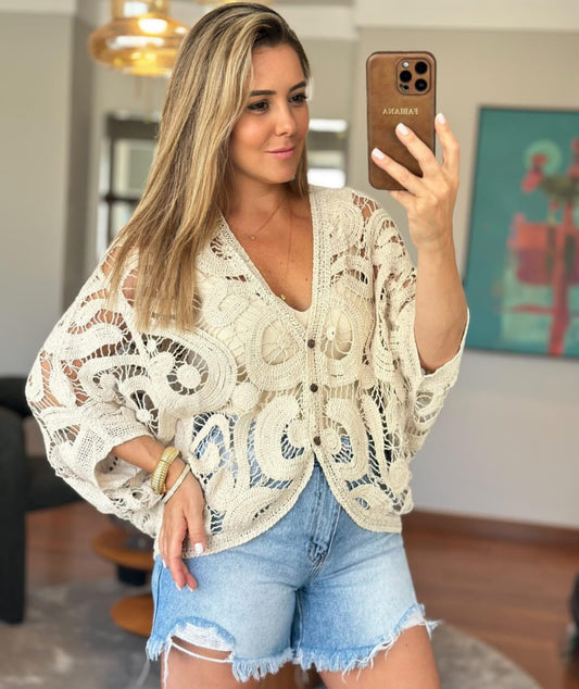 Crochet Beige Oversized Cardigan
