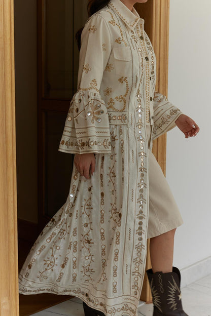 Long Denim x Crep Blouse with Gold embroidery