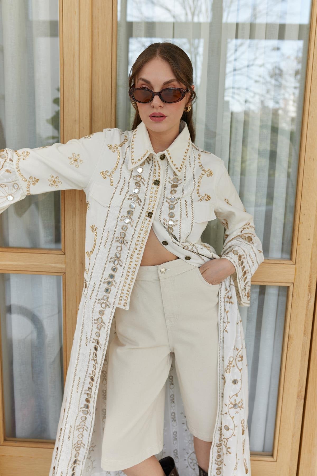 Long Denim x Crep Blouse with Gold embroidery