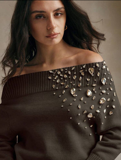 Offshoulder brown beaded sweater