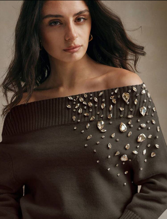 Offshoulder brown beaded sweater