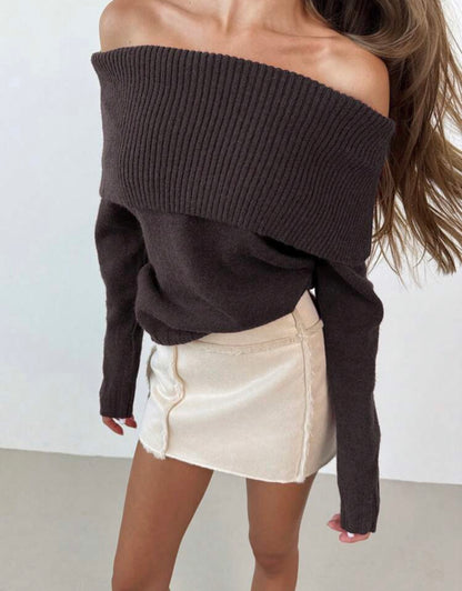 Offshoulder long sleeve knitted sweater