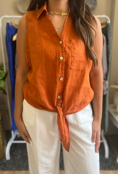 Italian 🇮🇹 Linen Orange sleeveless Vest front knotted