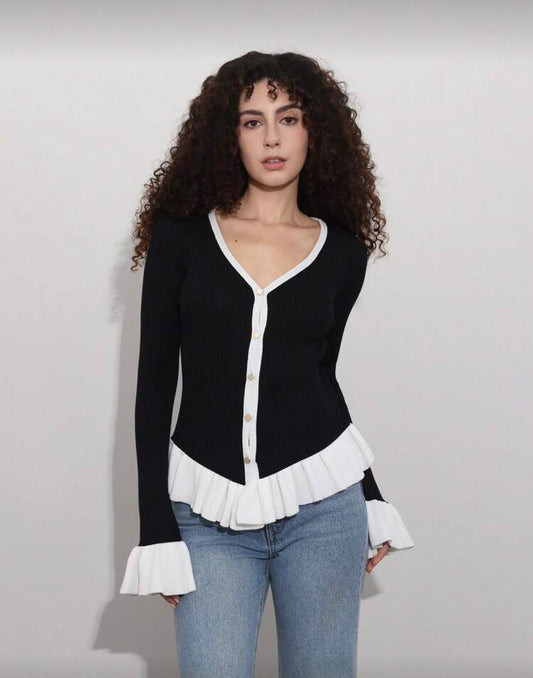 Contrast color knit patchwork cardigan