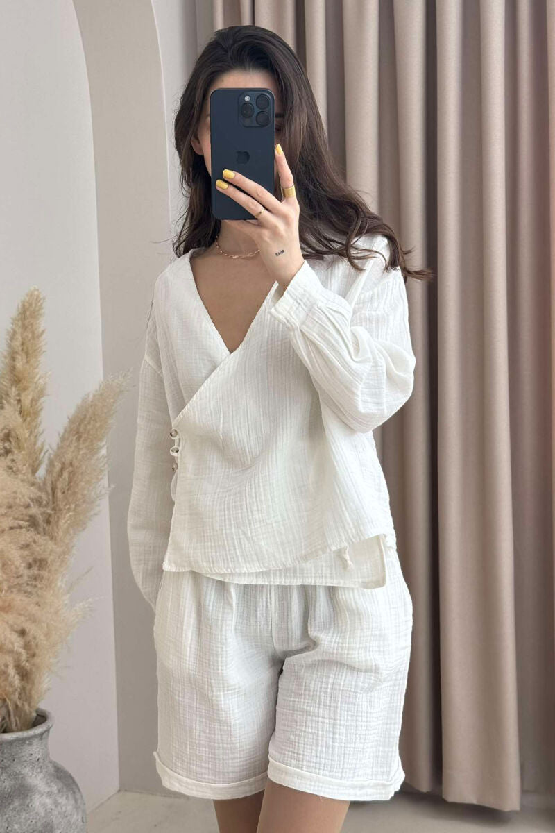Muslin Cotton white Blouse/Short Set