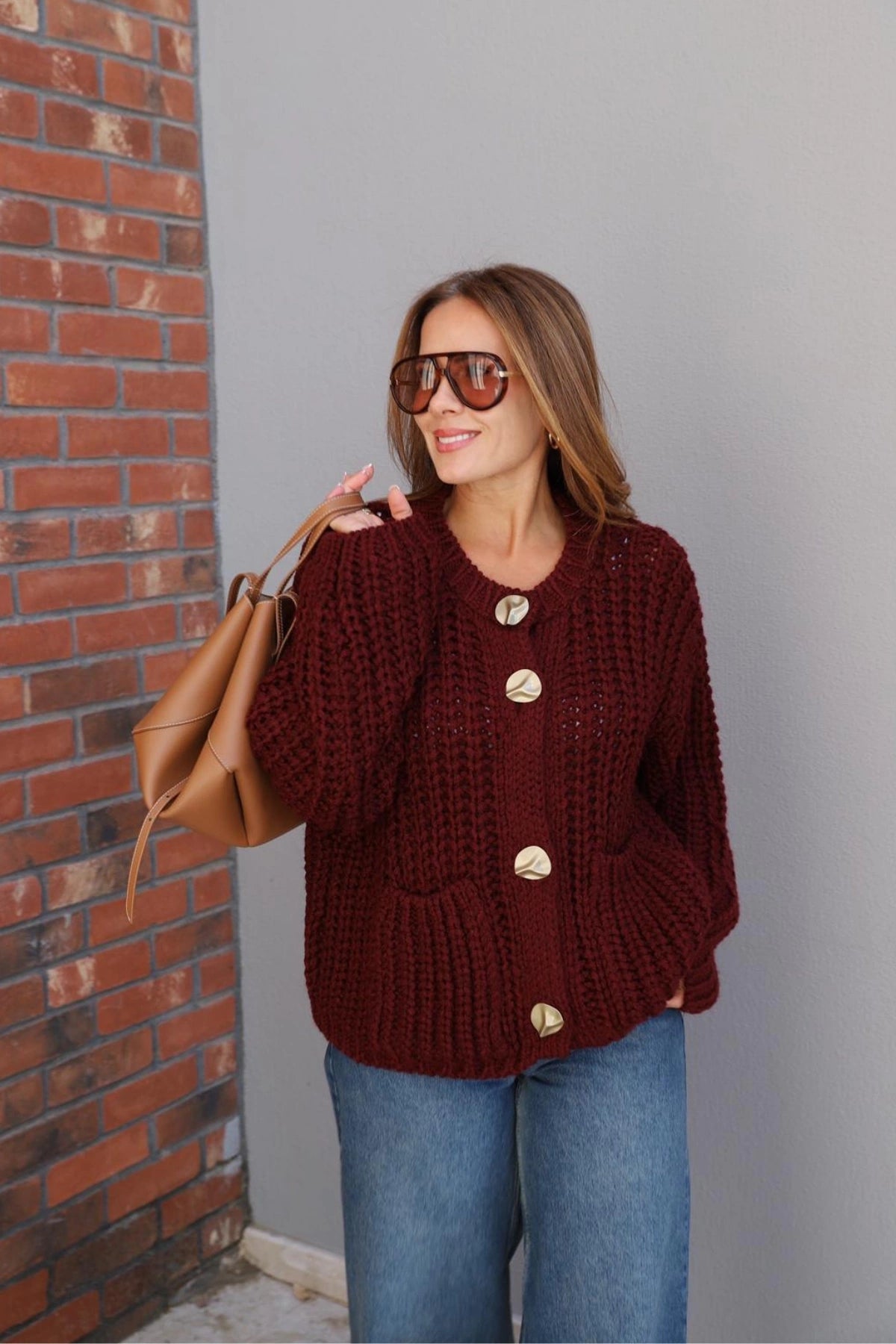 Burgundy Golden Buttons Triko Sweater