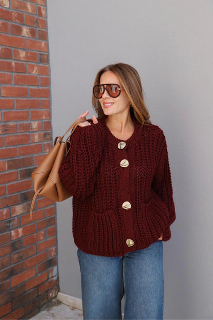 Burgundy Golden Buttons Triko Sweater