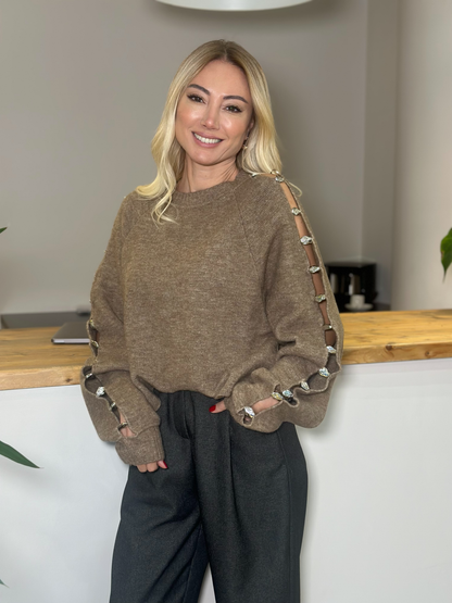Beige Sleeve Silver Detailed Sweater