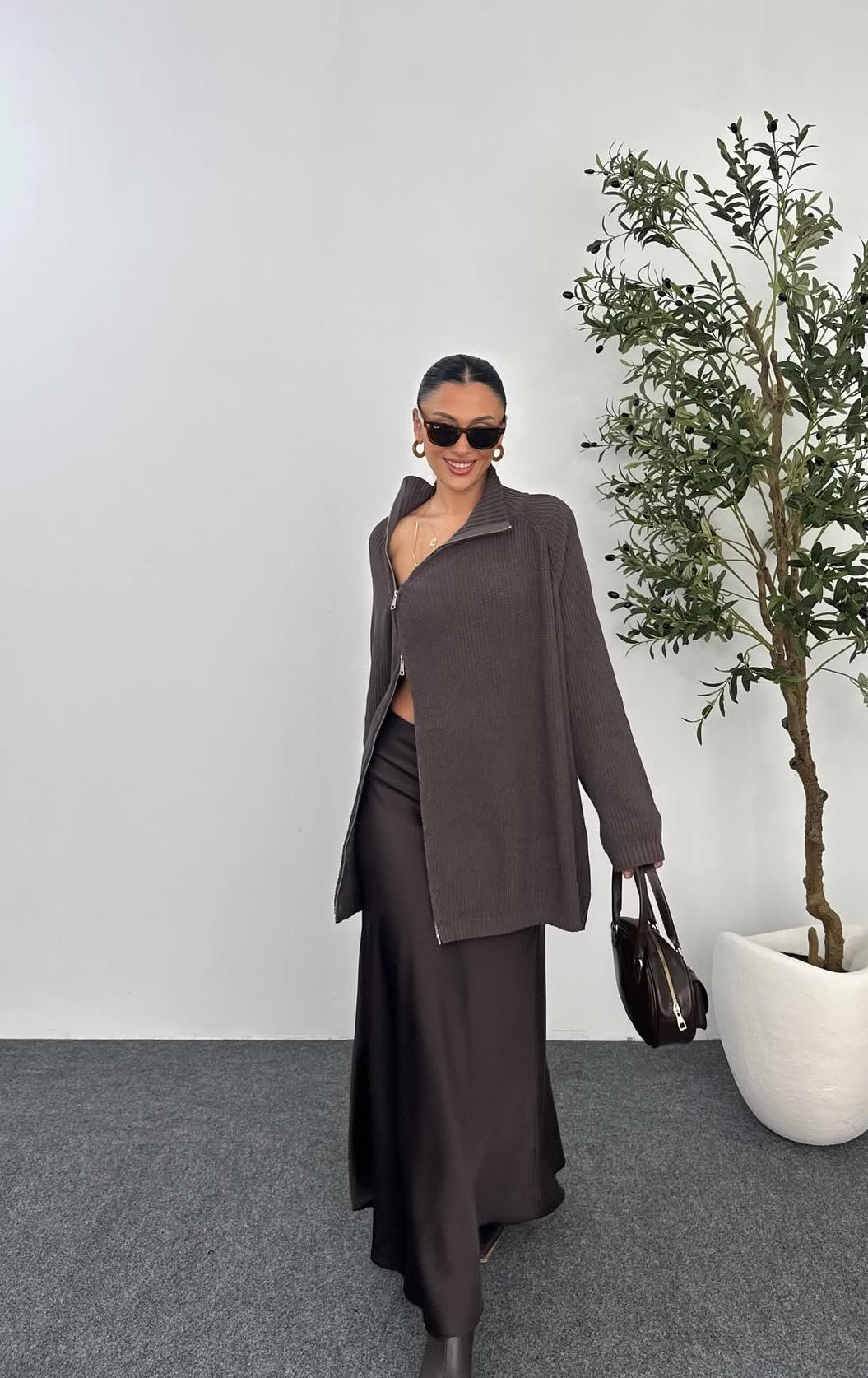 Side Zipper Brown Sweater