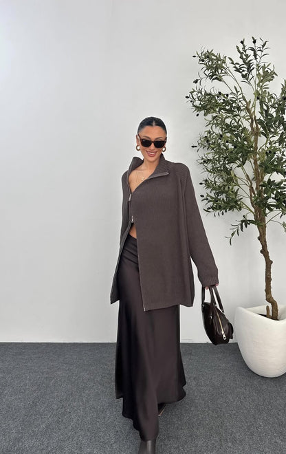 Side Zipper Brown Sweater