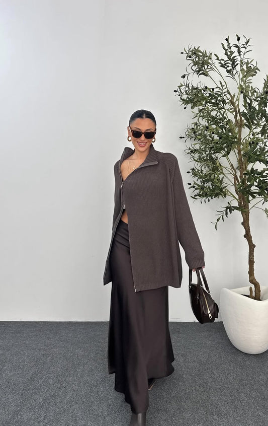 Side Zipper Brown Sweater