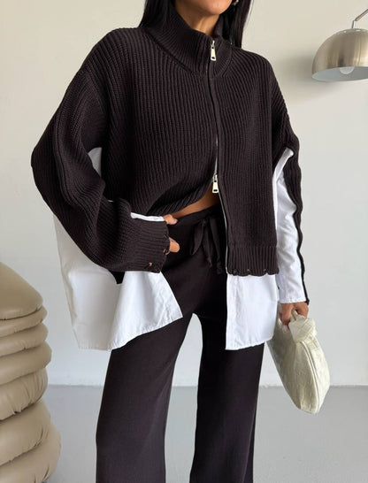 Brown Poplin Shirt Detailed Knitwear Suit