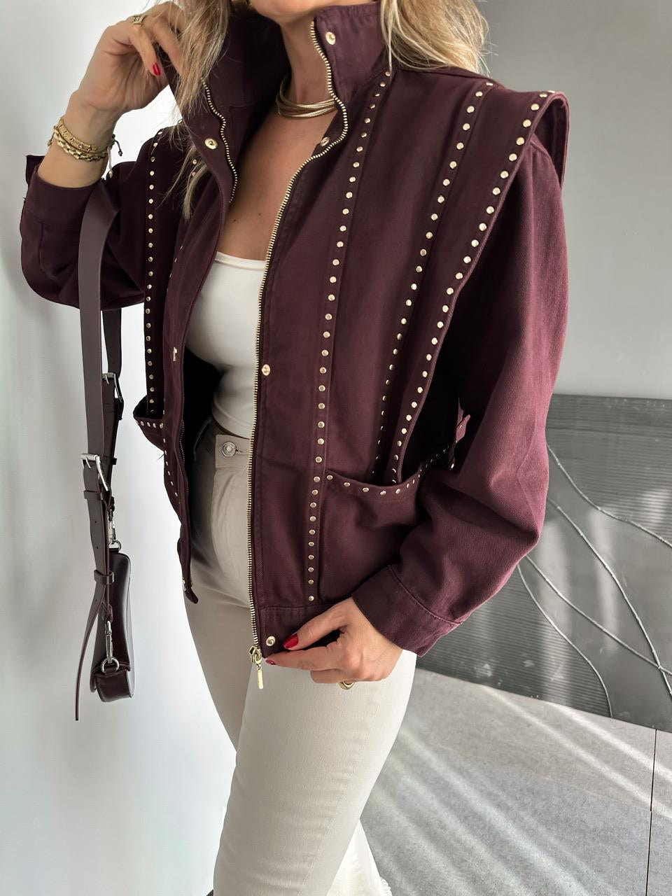 Burgundy Studded Shoulder Detailed Design Denim Jacket