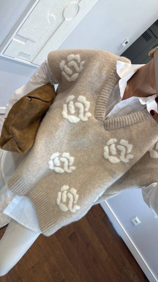 2 Pieces Beige floral Vest with White Shirt