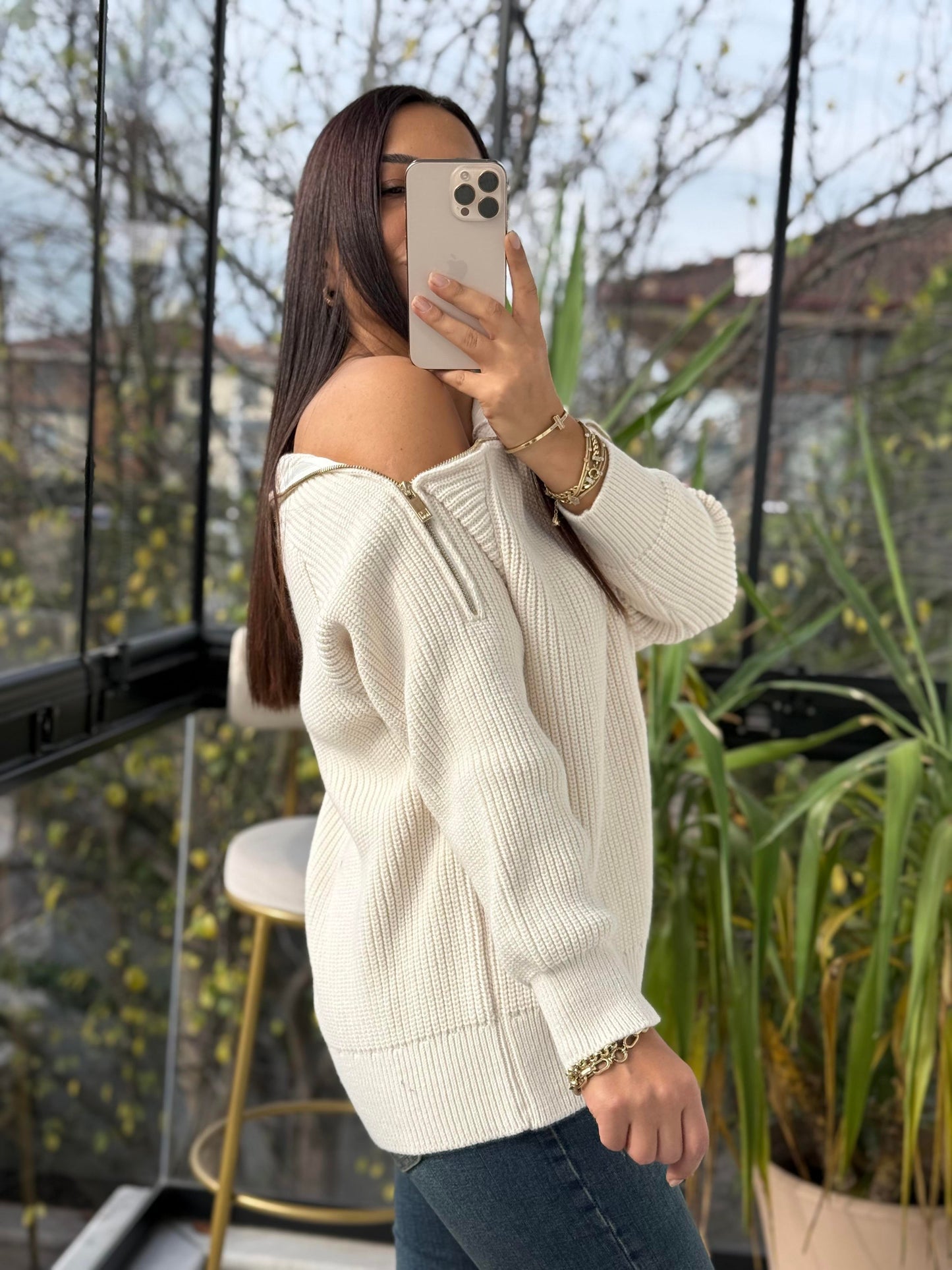 Side-Zip Wide Collar Knitted Sweater