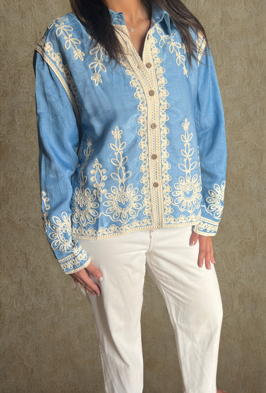 Blue Cotton Shirt with crochet details