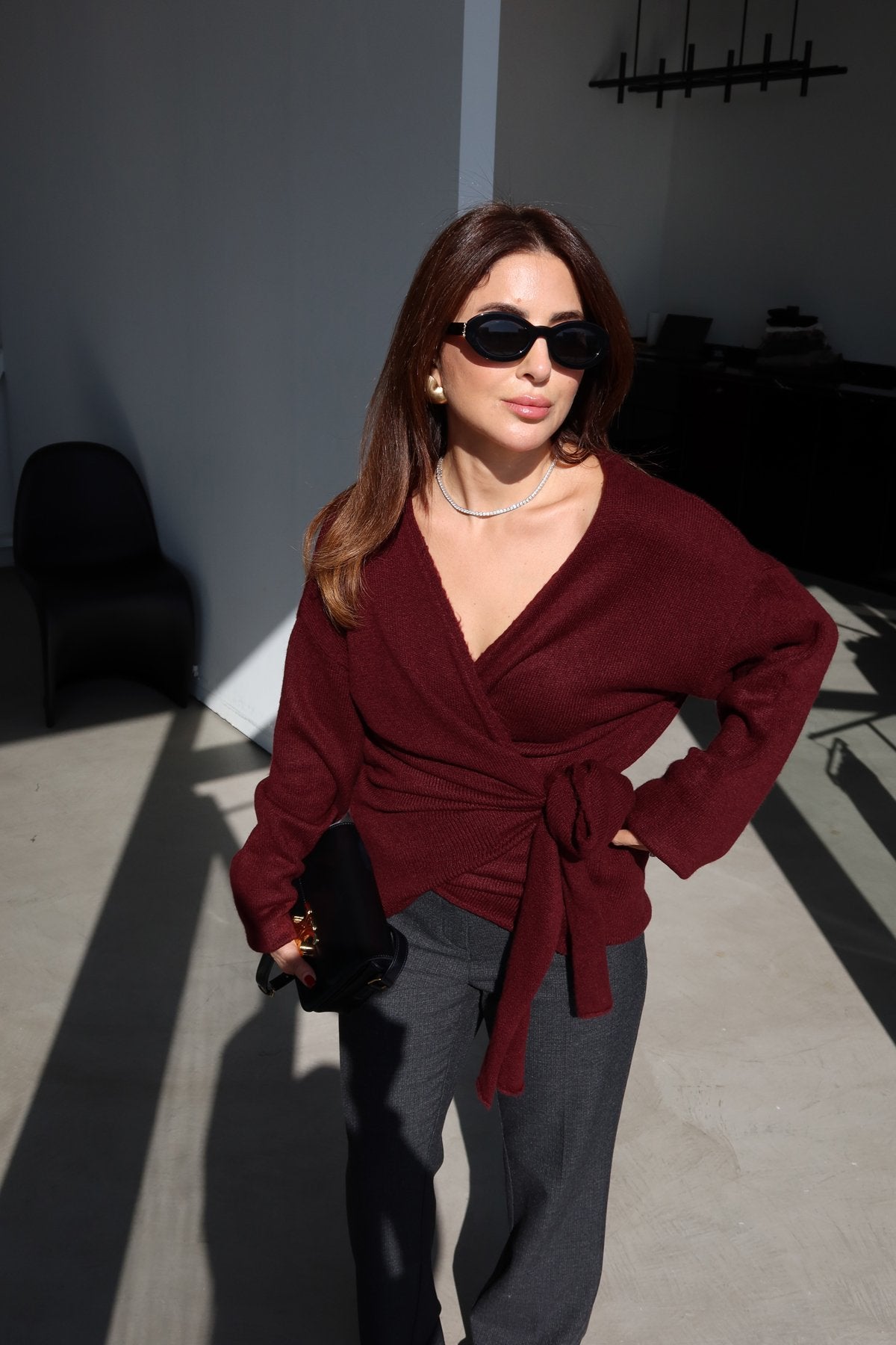 Burgundy Knitted wrapped Sweater