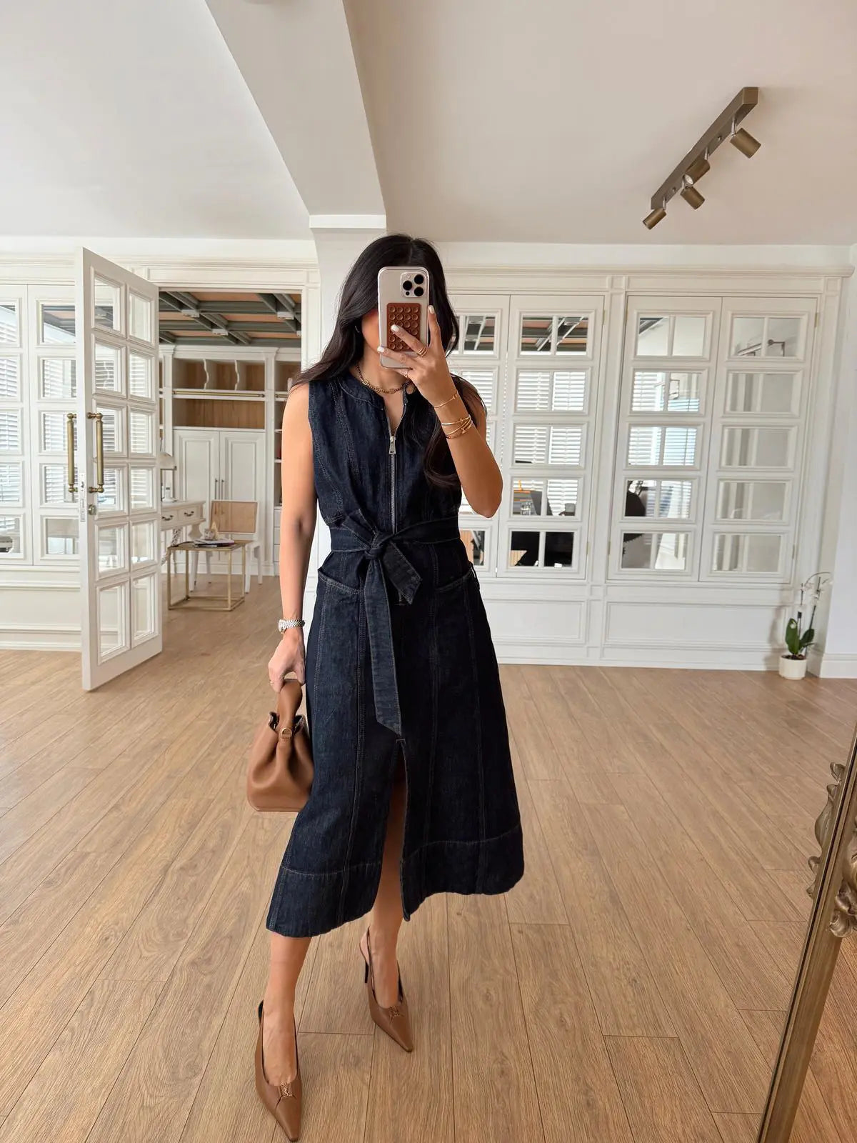 Denim Midi zippered belted Dress