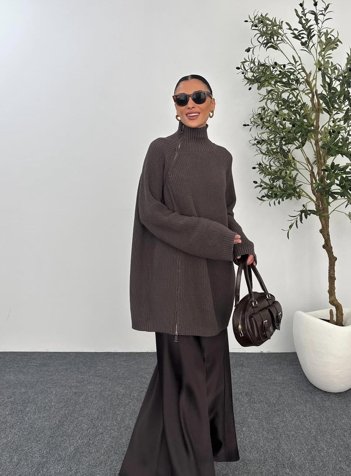 Side Zipper Brown Sweater