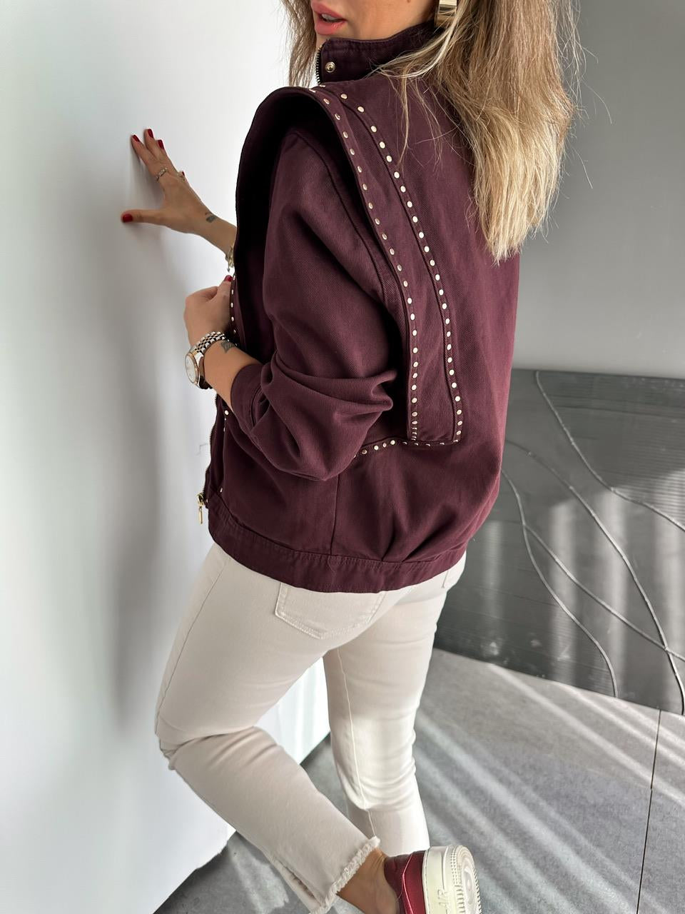 Burgundy Studded Shoulder Detailed Design Denim Jacket