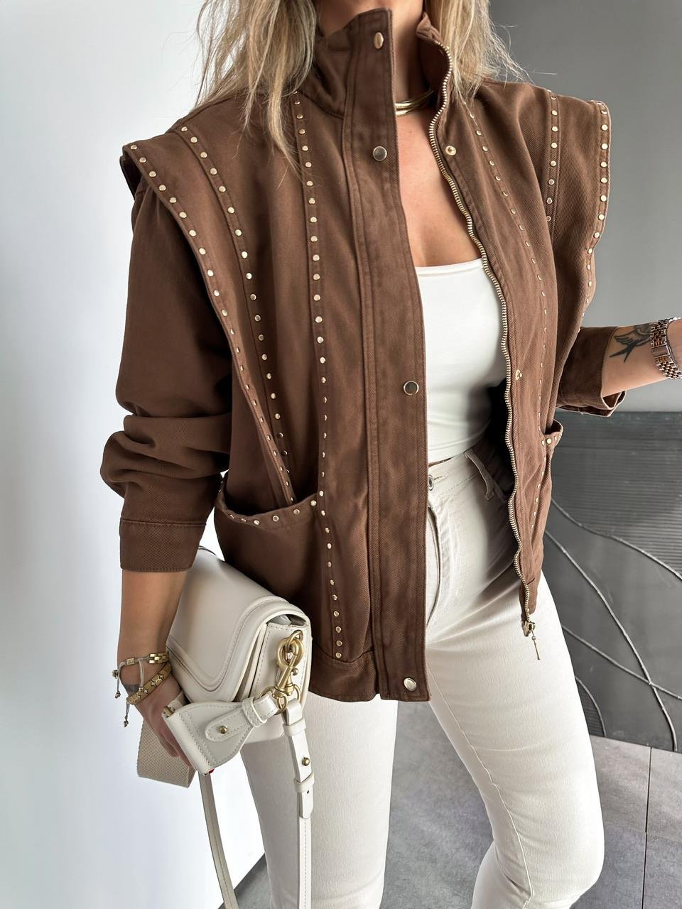 Brown Studded Shoulder Detailed Design Denim Jacket