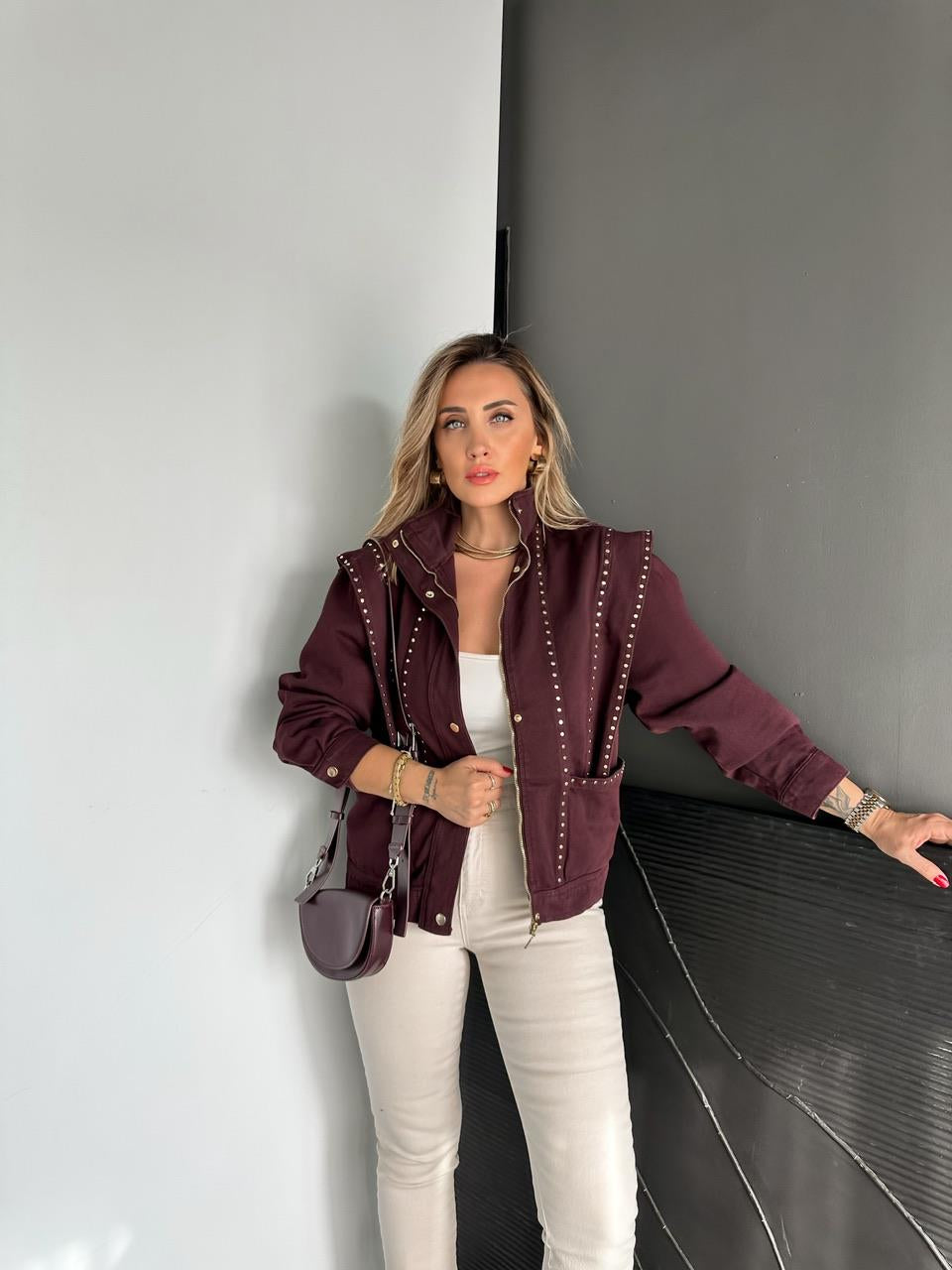 Burgundy Studded Shoulder Detailed Design Denim Jacket