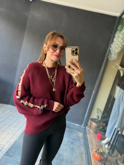 Burgundy Sleeve Silver Detailed Sweater