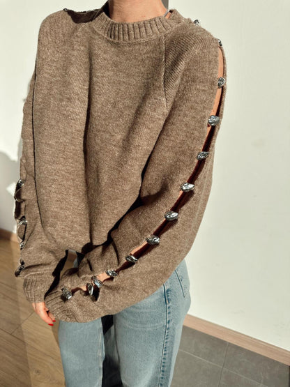 Beige Sleeve Silver Detailed Sweater